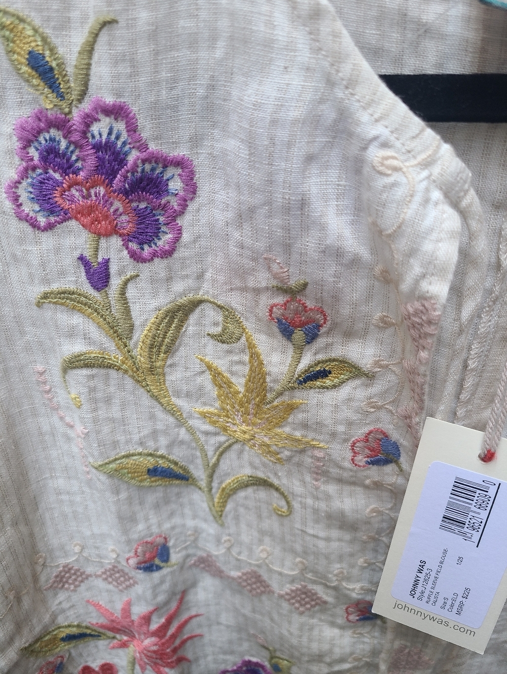 Johnny Was Ruffle Sleeve Field Blouse Calista Small Linen Top NWT - Picture 4 of 5